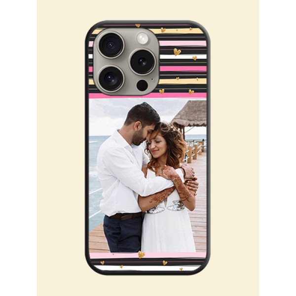 Multicolor Lines and Golden Love Symbols Design - Photo on Space Black Soft Matte Mobile Cover - iPhone 15 Pro