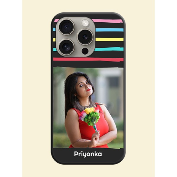 Multicolor Lines with Image on Space Black Personalized Soft Matte Phone Covers - iPhone 15 Pro Multicolor Lines with Image on Space Black Personalized Soft Matte Phone Covers - iPhone 15 Pro