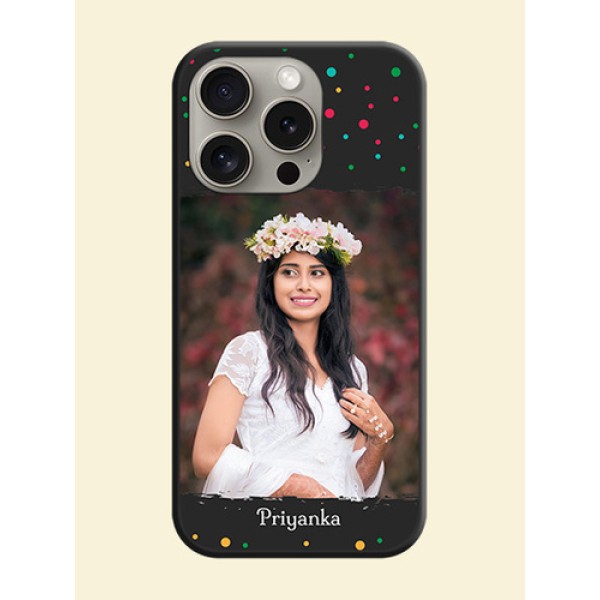Multicolor Dotted Pattern with Text on Space Black Custom Soft Matte Phone Back Cover - iPhone 15 Pro Multicolor Dotted Pattern with Text on Space Black Custom Soft Matte Phone Back Cover - iPhone 15 Pro