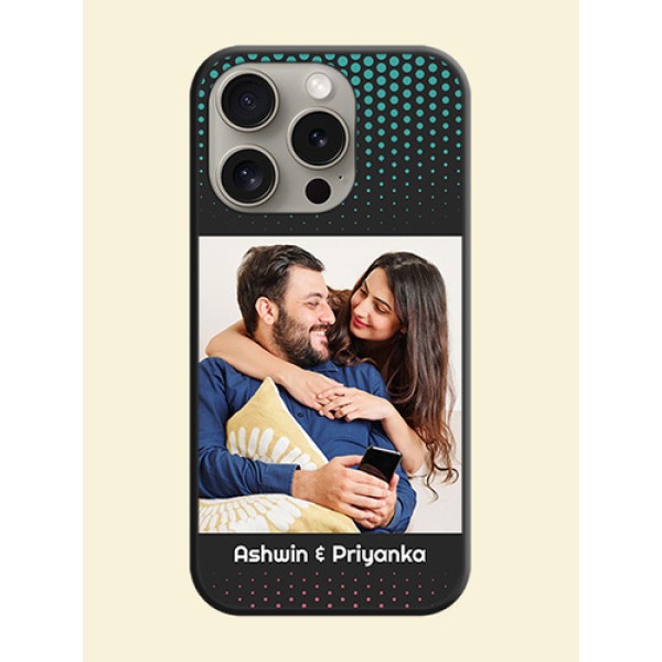 Faded Dots with Grunge Photo Frame and Text on Space Black Custom Soft Matte Phone Cases - iPhone 15 Pro Faded Dots with Grunge Photo Frame and Text on Space Black Custom Soft Matte Phone Cases - iPhone 15 Pro
