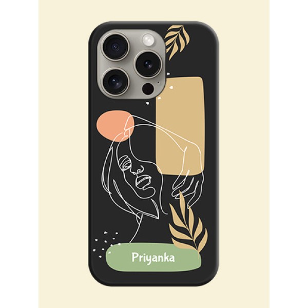 Custom Text With Line Art Of Women & Leaves Design On Space Black Personalized Soft Matte Phone Covers - iPhone 15 Pro