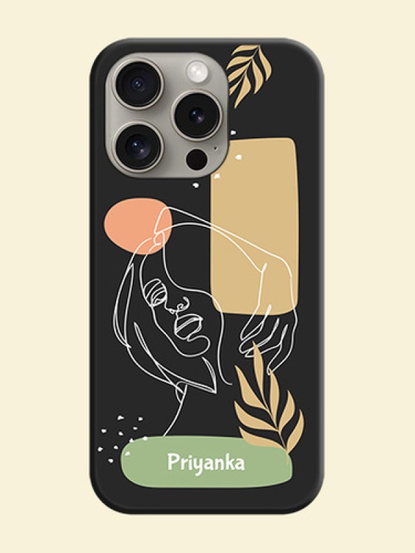 Custom Text With Line Art Of Women & Leaves Design On Space Black Personalized Soft Matte Phone Covers - iPhone 15 Pro