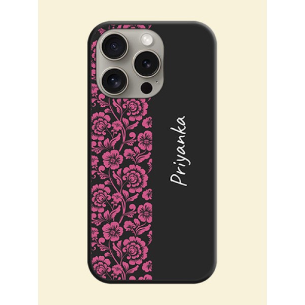 Pink Floral Pattern Design With Custom Text On Space Black Personalized Soft Matte Phone Covers - iPhone 15 Pro Pink Floral Pattern Design With Custom Text On Space Black Personalized Soft Matte Phone Covers - iPhone 15 Pro
