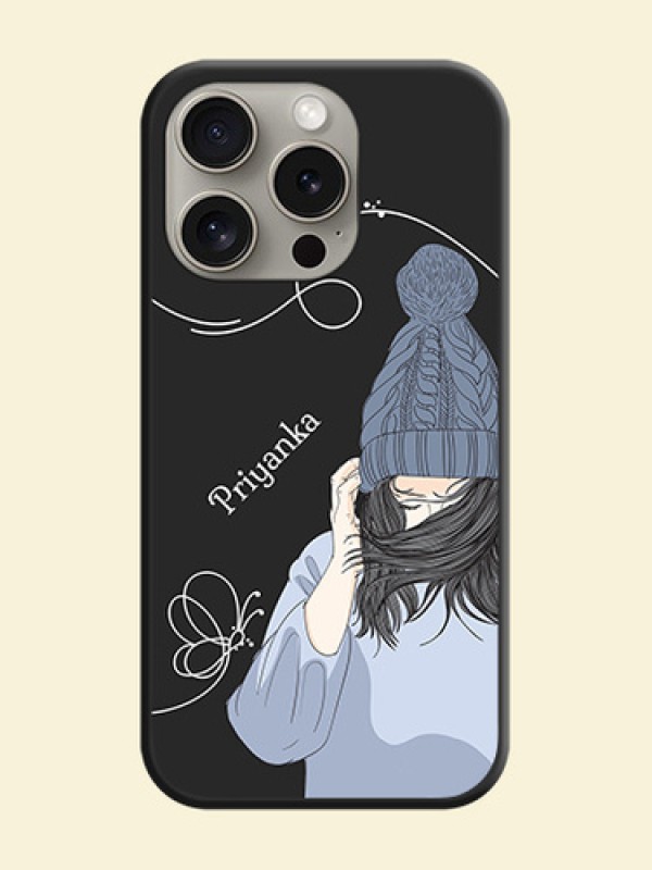 Girl With Blue Winter Outfiit Custom Text Design On Space Black Personalized Soft Matte Phone Covers - iPhone 15 Pro