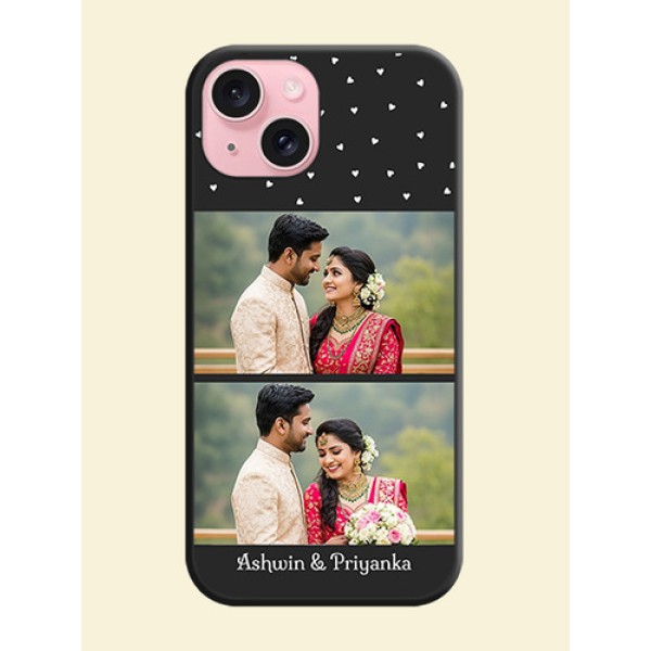 Miniature Love Symbols with Name on Space Black Custom Soft Matte Back Cover - iPhone 15 Miniature Love Symbols with Name on Space Black Custom Soft Matte Back Cover - iPhone 15