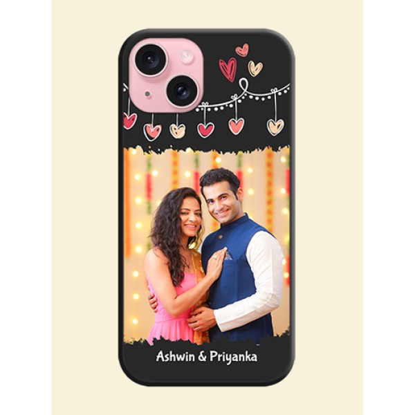 Miniature Love Symbols with Name on Space Black Custom Soft Matte Back Cover - iPhone 15 Miniature Love Symbols with Name on Space Black Custom Soft Matte Back Cover - iPhone 15