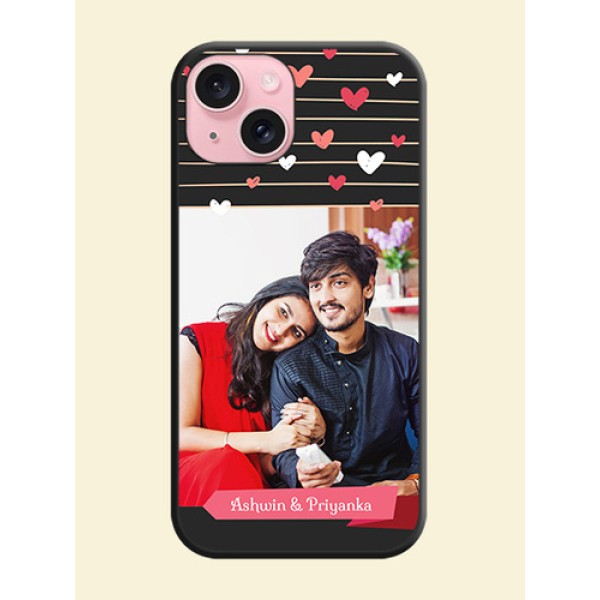 Love Pattern with Name on Pink Ribbon - Photo on Space Black Soft Matte Back Cover - iPhone 15 Love Pattern with Name on Pink Ribbon - Photo on Space Black Soft Matte Back Cover - iPhone 15
