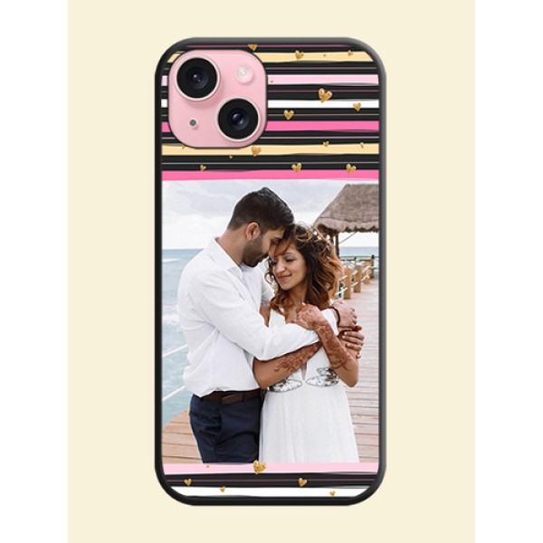 Multicolor Lines and Golden Love Symbols Design - Photo on Space Black Soft Matte Mobile Cover - iPhone 15