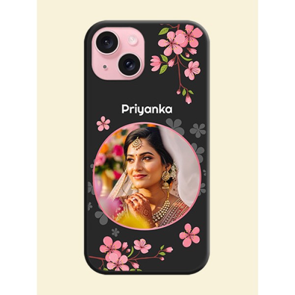 Round Image with Pink Color Floral Design - Photo on Space Black Soft Matte Back Cover - iPhone 15 Round Image with Pink Color Floral Design - Photo on Space Black Soft Matte Back Cover - iPhone 15
