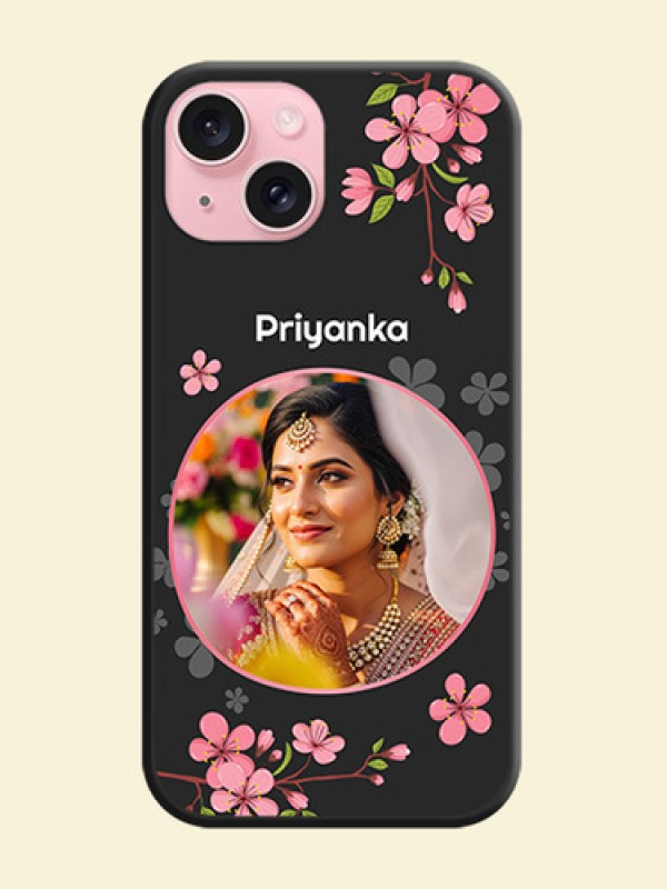 Round Image with Pink Color Floral Design - Photo on Space Black Soft Matte Back Cover - iPhone 15