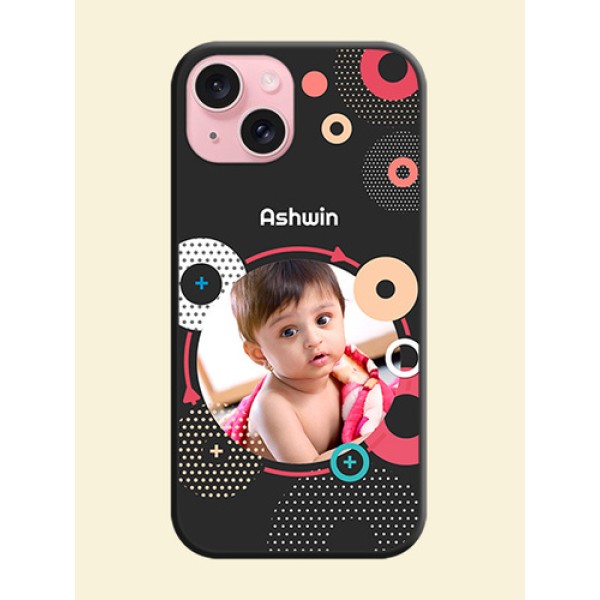 Multicoloured Round Image on Personalised Space Black Soft Matte Cases - iPhone 15 Multicoloured Round Image on Personalised Space Black Soft Matte Cases - iPhone 15