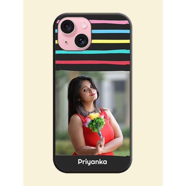 Multicolor Lines with Image on Space Black Personalized Soft Matte Phone Covers - iPhone 15 Multicolor Lines with Image on Space Black Personalized Soft Matte Phone Covers - iPhone 15