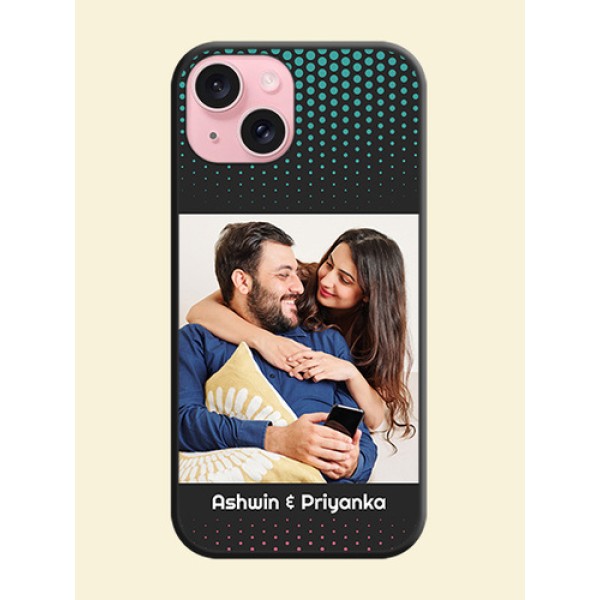 Faded Dots with Grunge Photo Frame and Text on Space Black Custom Soft Matte Phone Cases - iPhone 15 Faded Dots with Grunge Photo Frame and Text on Space Black Custom Soft Matte Phone Cases - iPhone 15