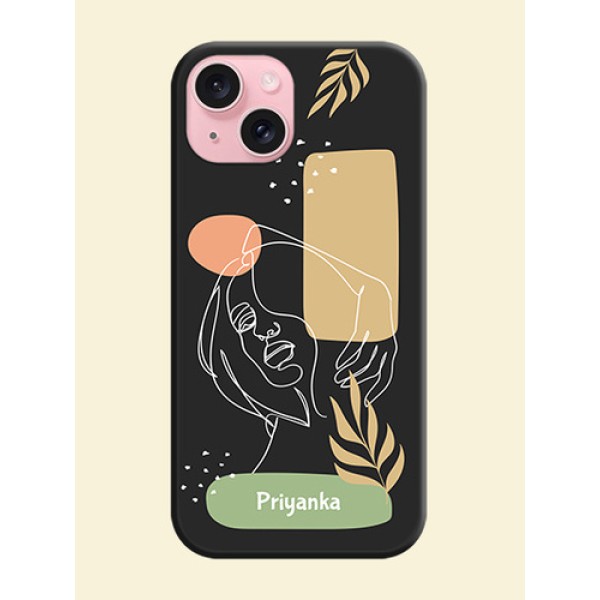 Custom Text With Line Art Of Women & Leaves Design On Space Black Personalized Soft Matte Phone Covers - iPhone 15