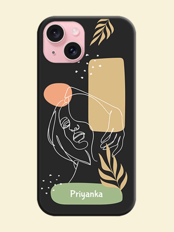 Custom Text With Line Art Of Women & Leaves Design On Space Black Personalized Soft Matte Phone Covers - iPhone 15