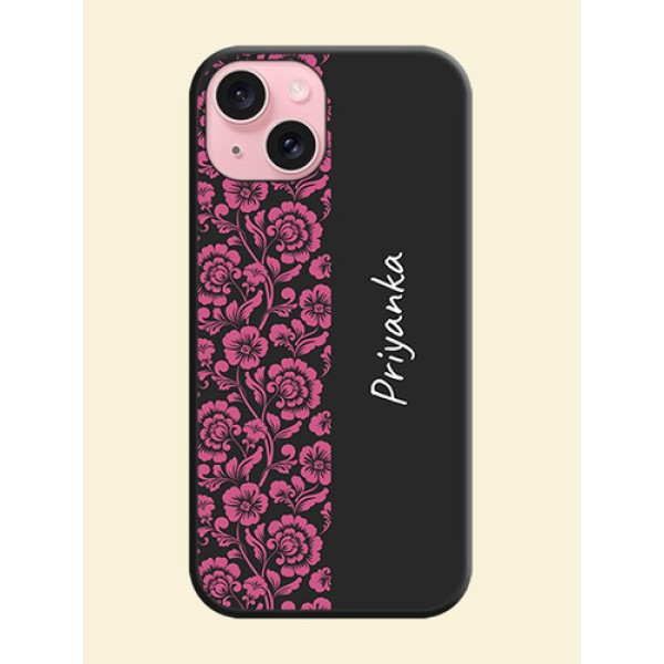 Pink Floral Pattern Design With Custom Text On Space Black Personalized Soft Matte Phone Covers - iPhone 15 Pink Floral Pattern Design With Custom Text On Space Black Personalized Soft Matte Phone Covers - iPhone 15