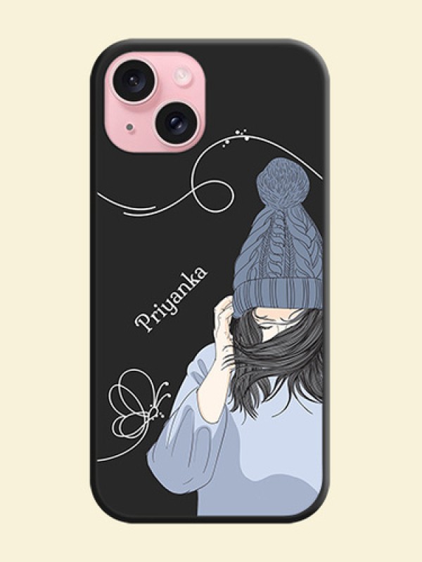 Girl With Blue Winter Outfiit Custom Text Design On Space Black Personalized Soft Matte Phone Covers - iPhone 15