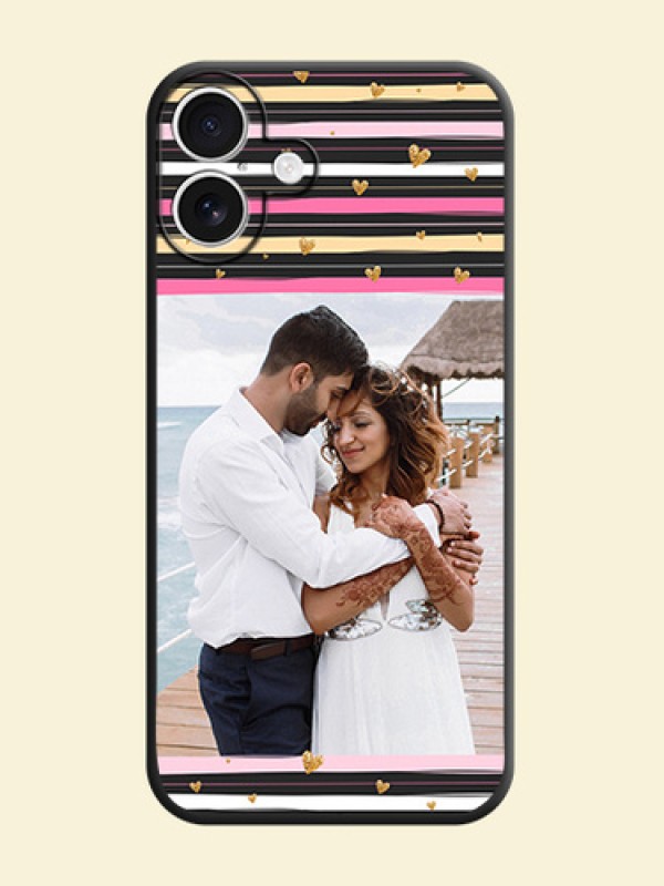 Multicolor Lines and Golden Love Symbols Design on Photo On Space Black Custom Soft Matte Mobile Back Cover - iPhone 16 Plus