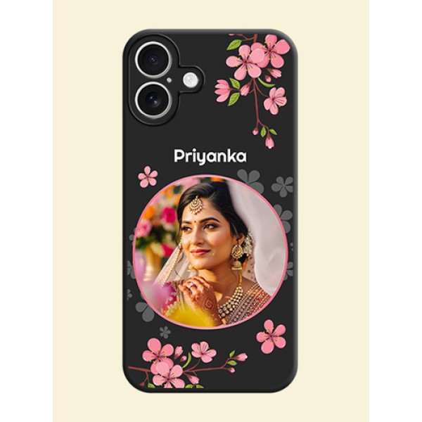 Round Image with Pink Color Floral Design on Photo On Space Black Custom Soft Matte Mobile Back Cover - iPhone 16 Plus Round Image with Pink Color Floral Design on Photo On Space Black Custom Soft Matte Mobile Back Cover - iPhone 16 Plus