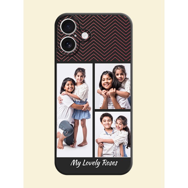 Wave Pattern with 3 Image Holder On Space Black Custom Soft Matte Mobile Back Cover - iPhone 16 Plus Wave Pattern with 3 Image Holder On Space Black Custom Soft Matte Mobile Back Cover - iPhone 16 Plus