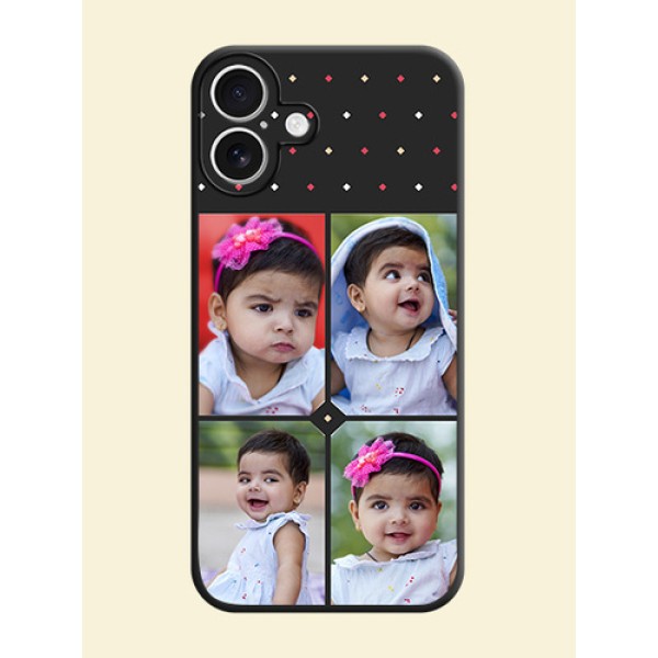 Multicolor Dotted Pattern with 4 Image Holder On Space Black Custom Soft Matte Mobile Back Cover - iPhone 16 Plus Multicolor Dotted Pattern with 4 Image Holder On Space Black Custom Soft Matte Mobile Back Cover - iPhone 16 Plus