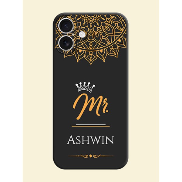 Mr Name with Floral Design On Space Black Custom Soft Matte Mobile Back Cover - iPhone 16 Plus