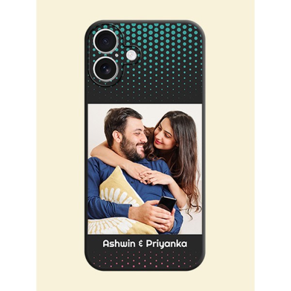 Faded Dots with Grunge Photo Frame and Text On Space Black Custom Soft Matte Mobile Back Cover - iPhone 16 Plus Faded Dots with Grunge Photo Frame and Text On Space Black Custom Soft Matte Mobile Back Cover - iPhone 16 Plus