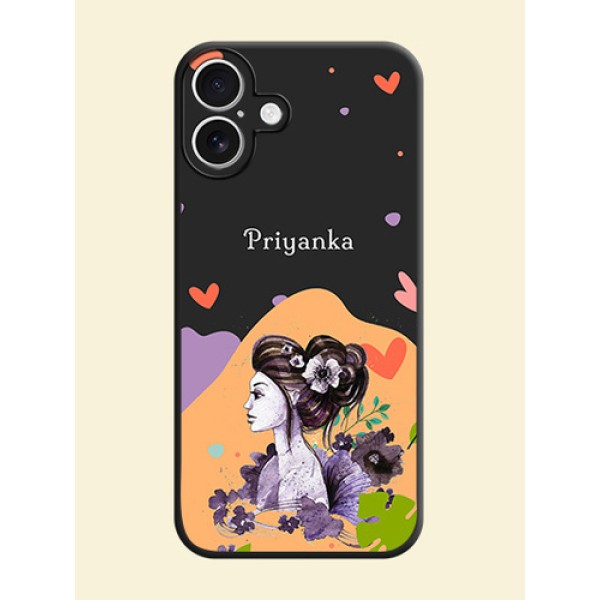 Namecase For Her With Fancy Lady Image On Space Black Custom Soft Matte Mobile Back Cover - iPhone 16 Plus