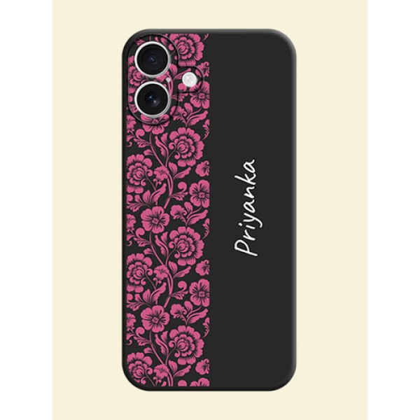 Pink Floral Pattern Design With Custom Text On Space Black Custom Soft Matte Mobile Back Cover - iPhone 16 Plus Pink Floral Pattern Design With Custom Text On Space Black Custom Soft Matte Mobile Back Cover - iPhone 16 Plus