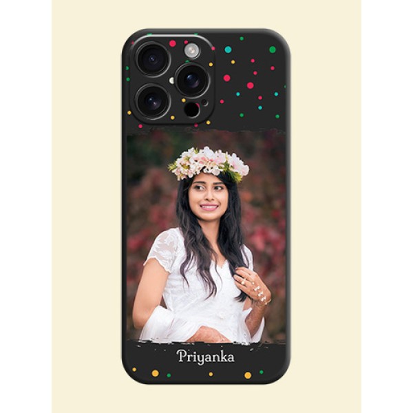 Multicolor Dotted Pattern with Text On Space Black Custom Soft Matte Mobile Back Cover - iPhone 16 Pro Max Multicolor Dotted Pattern with Text On Space Black Custom Soft Matte Mobile Back Cover - iPhone 16 Pro Max
