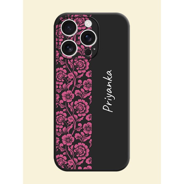 Pink Floral Pattern Design With Custom Text On Space Black Custom Soft Matte Mobile Back Cover - iPhone 16 Pro Pink Floral Pattern Design With Custom Text On Space Black Custom Soft Matte Mobile Back Cover - iPhone 16 Pro