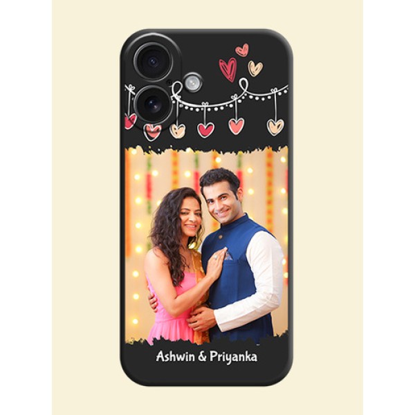 Pink Love Hangings with Name On Space Black Custom Soft Matte Mobile Back Cover - iPhone 16 Pink Love Hangings with Name On Space Black Custom Soft Matte Mobile Back Cover - iPhone 16