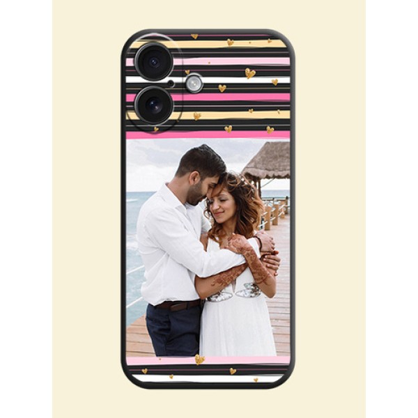 Multicolor Lines and Golden Love Symbols Design on Photo On Space Black Custom Soft Matte Mobile Back Cover - iPhone 16