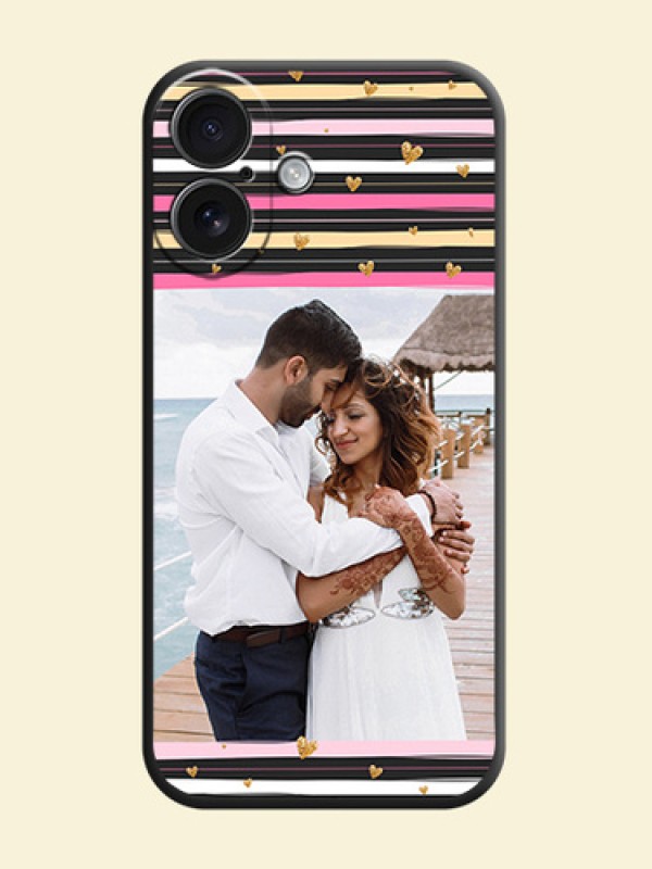 Multicolor Lines and Golden Love Symbols Design on Photo On Space Black Custom Soft Matte Mobile Back Cover - iPhone 16