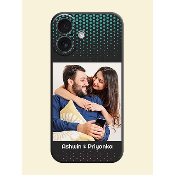 Faded Dots with Grunge Photo Frame and Text On Space Black Custom Soft Matte Mobile Back Cover - iPhone 16 Faded Dots with Grunge Photo Frame and Text On Space Black Custom Soft Matte Mobile Back Cover - iPhone 16