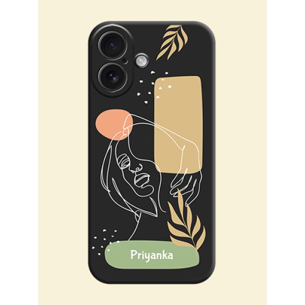 Custom Text With Line Art Of Women & Leaves Design On Space Black Custom Soft Matte Mobile Back Cover - iPhone 16 Custom Text With Line Art Of Women & Leaves Design On Space Black Custom Soft Matte Mobile Back Cover - iPhone 16