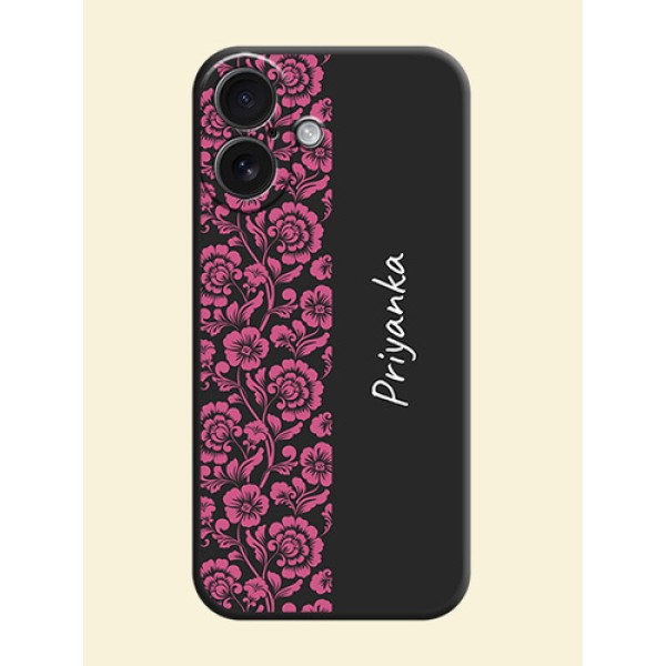 Pink Floral Pattern Design With Custom Text On Space Black Custom Soft Matte Mobile Back Cover - iPhone 16 Pink Floral Pattern Design With Custom Text On Space Black Custom Soft Matte Mobile Back Cover - iPhone 16