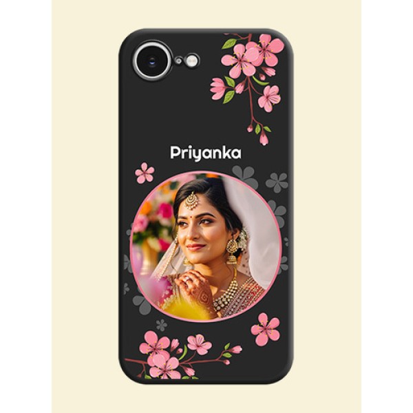 Round Image with Pink Color Floral Design on Photo On Space Black Custom Soft Matte Mobile Back Cover - iPhone 16e Round Image with Pink Color Floral Design on Photo On Space Black Custom Soft Matte Mobile Back Cover - iPhone 16e