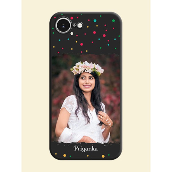 Multicolor Dotted Pattern with Text On Space Black Custom Soft Matte Mobile Back Cover - iPhone 16e Multicolor Dotted Pattern with Text On Space Black Custom Soft Matte Mobile Back Cover - iPhone 16e
