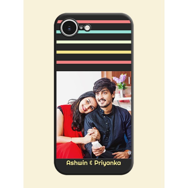 Color Stripes with Photo and Text on Photo On Space Black Custom Soft Matte Mobile Back Cover - iPhone 16e Color Stripes with Photo and Text on Photo On Space Black Custom Soft Matte Mobile Back Cover - iPhone 16e