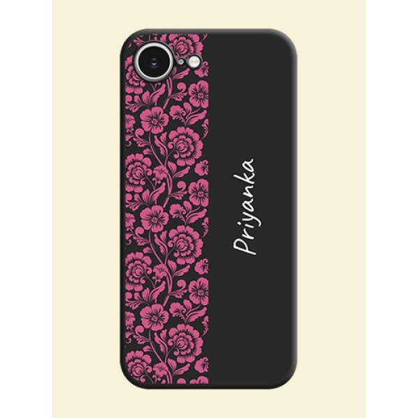 Pink Floral Pattern Design With Custom Text On Space Black Custom Soft Matte Mobile Back Cover - iPhone 16e Pink Floral Pattern Design With Custom Text On Space Black Custom Soft Matte Mobile Back Cover - iPhone 16e