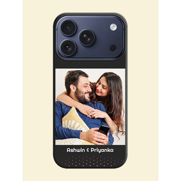 Faded Dots with Grunge Photo Frame and Text On Space Black Custom Soft Matte Mobile Back Cover - Apple iPhone 17 Pro Faded Dots with Grunge Photo Frame and Text On Space Black Custom Soft Matte Mobile Back Cover - Apple iPhone 17 Pro