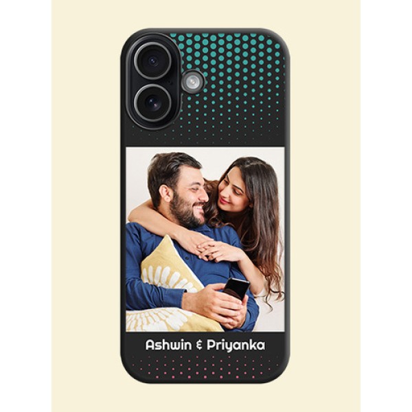 Faded Dots with Grunge Photo Frame and Text On Space Black Custom Soft Matte Mobile Back Cover - Apple iPhone 17 Faded Dots with Grunge Photo Frame and Text On Space Black Custom Soft Matte Mobile Back Cover - Apple iPhone 17