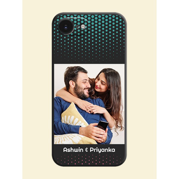Faded Dots with Grunge Photo Frame and Text On Space Black Custom Soft Matte Mobile Back Cover - Apple iPhone 17e Faded Dots with Grunge Photo Frame and Text On Space Black Custom Soft Matte Mobile Back Cover - Apple iPhone 17e