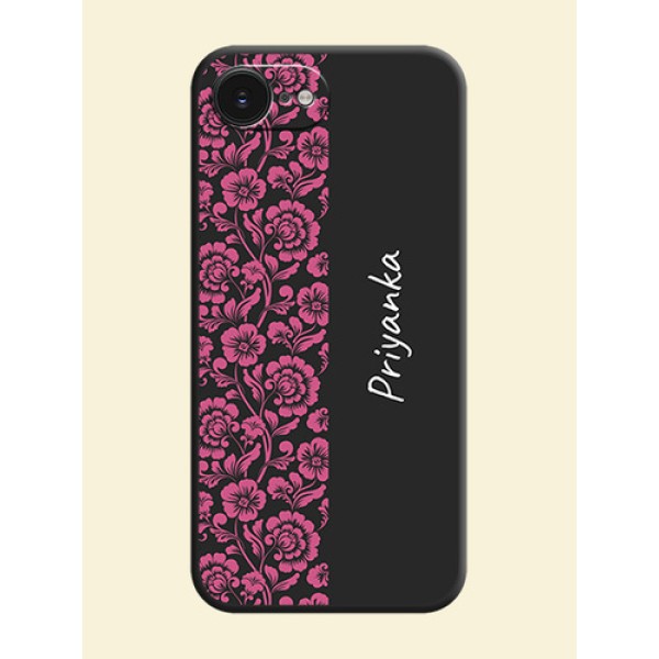 Pink Floral Pattern Design With Custom Text On Space Black Custom Soft Matte Mobile Back Cover - Apple iPhone 17e Pink Floral Pattern Design With Custom Text On Space Black Custom Soft Matte Mobile Back Cover - Apple iPhone 17e