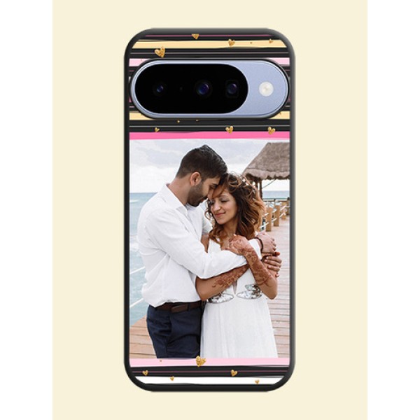 Multicolor Lines and Golden Love Symbols Design on Photo On Space Black Custom Soft Matte Mobile Back Cover - Google Pixel 10 5G