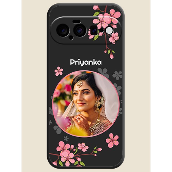 Round Image with Pink Color Floral Design on Photo On Space Black Custom Soft Matte Mobile Back Cover - Google Pixel 11 5G