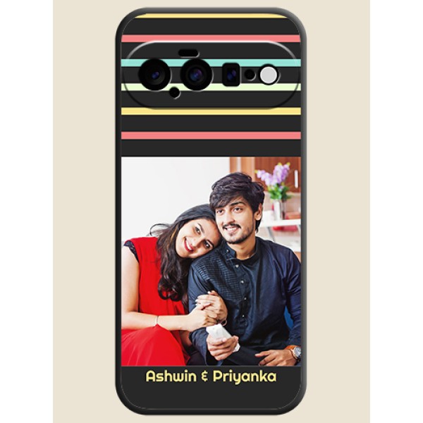 Color Stripes with Photo and Text on Photo On Space Black Custom Soft Matte Mobile Back Cover - Google Pixel 11 5G