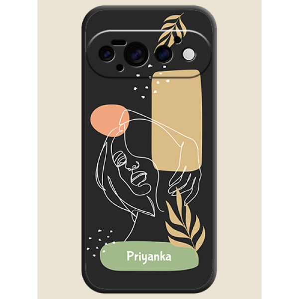 Custom Text With Line Art Of Women & Leaves Design On Space Black Custom Soft Matte Mobile Back Cover - Google Pixel 11 Pro 5G