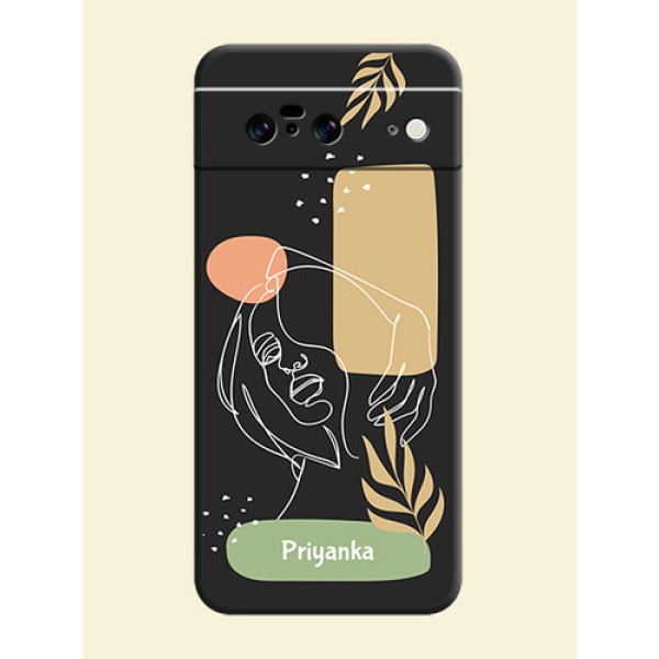 Custom Text With Line Art Of Women & Leaves Design On Space Black Custom Soft Matte Mobile Back Cover - Pixel 8 5G
